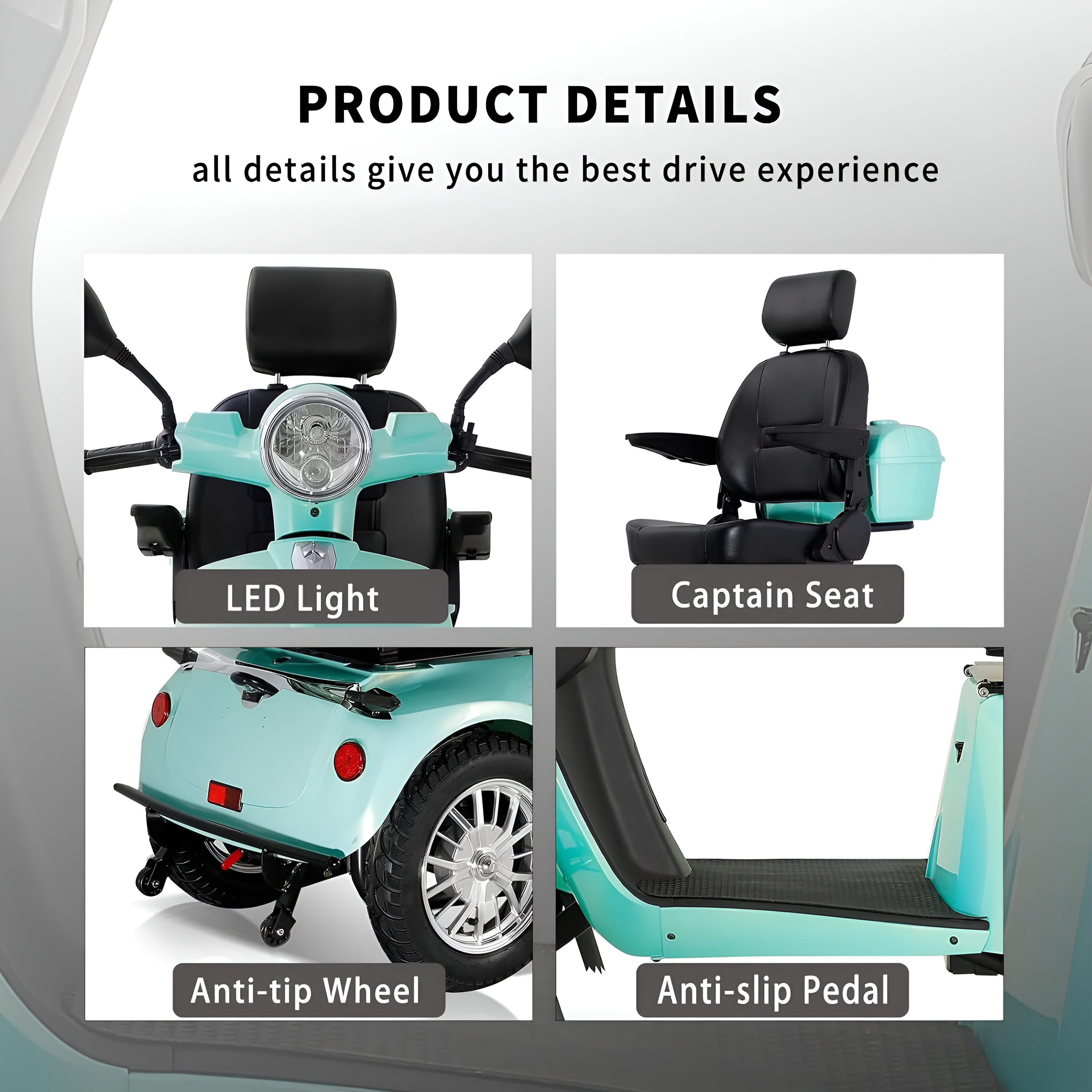 Mobility Scooter with Adjustable Seat & Storage Box, 4-Wheel, 800W Green